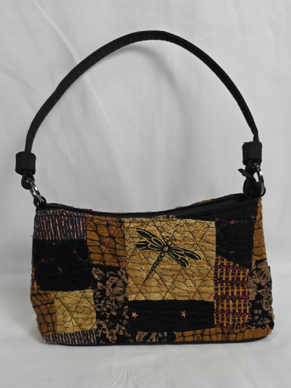 Vintage Donna Sharp Quilted Patchwork Handbag Brown Black Dragonfly Boho T19